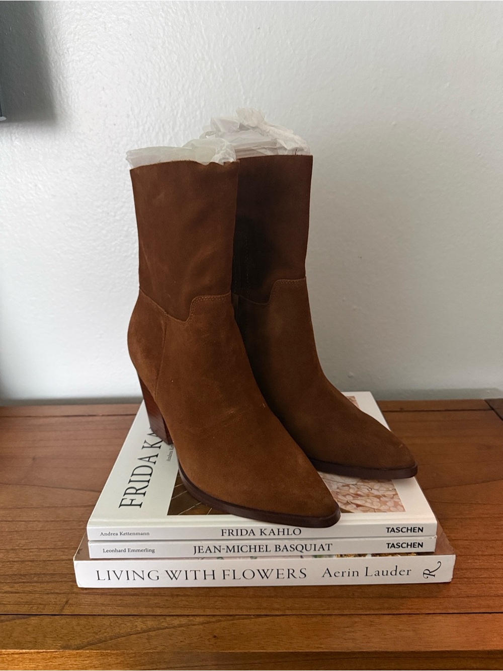Women's Brown Suede Pointed-Toe Mid-Calf Heeled Boots